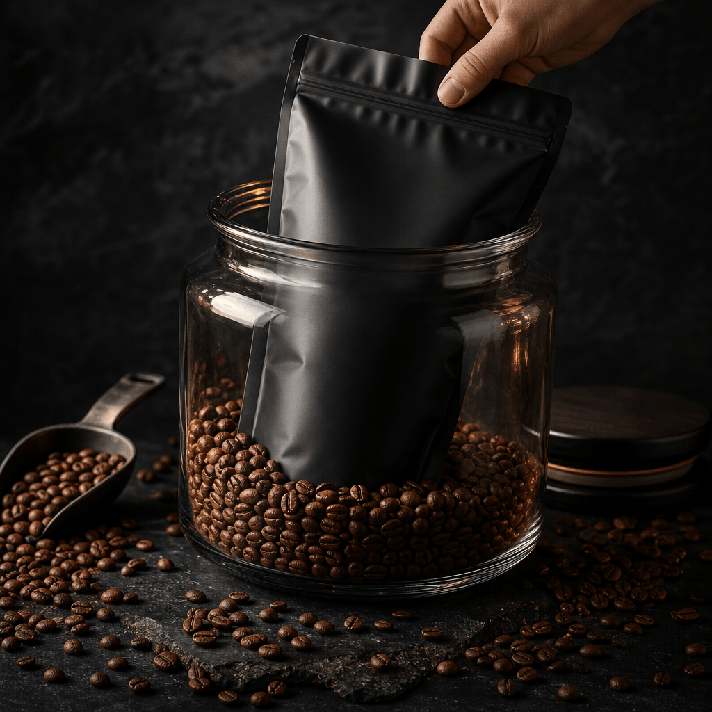 An anonymous hand retrieving a premium matte-black coffee pouch from a large transparent glass jar, surrounded by scatte
