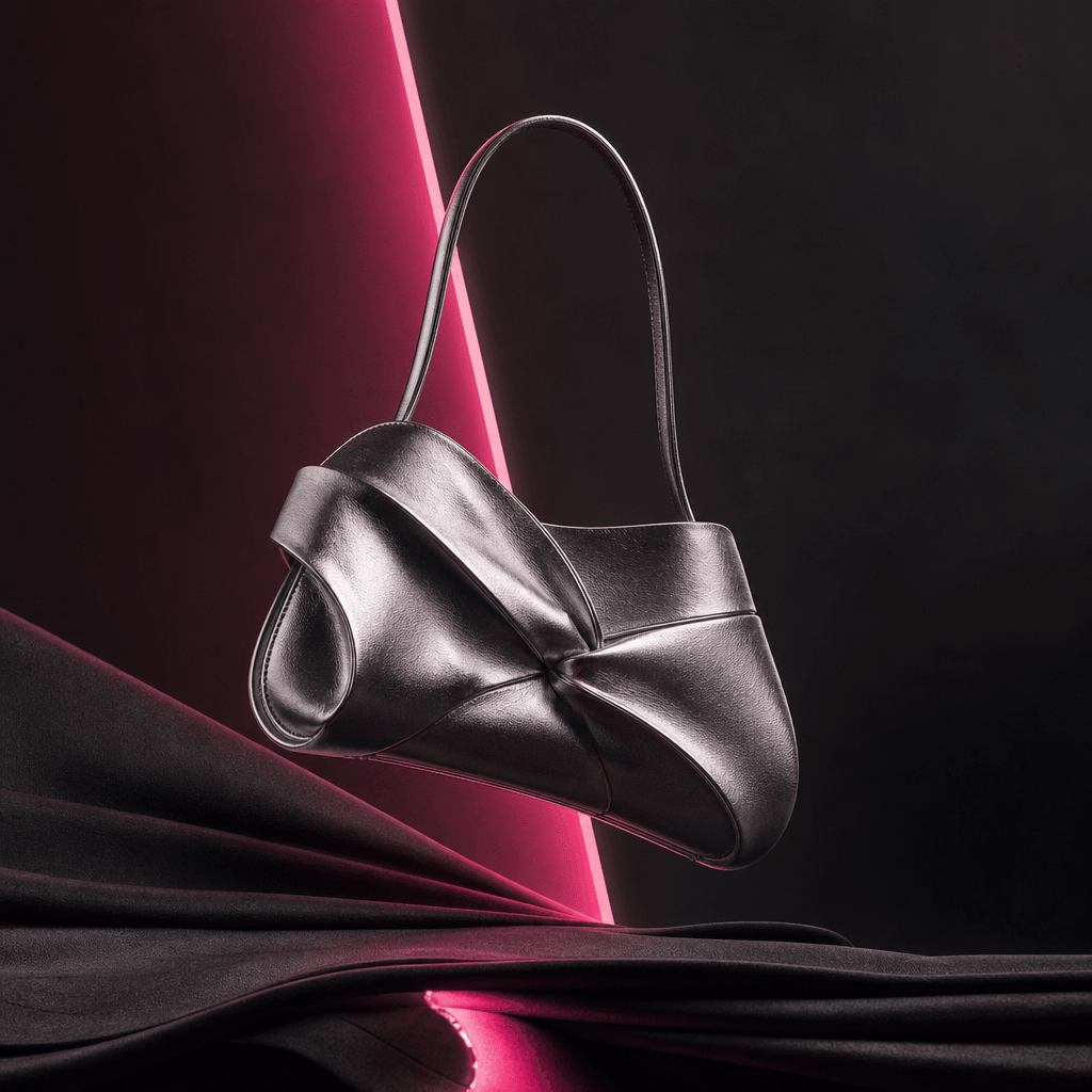 Fashion collection announcement scene with a sculptural silver handbag suspended above folded black fabric, a vivid hot 
