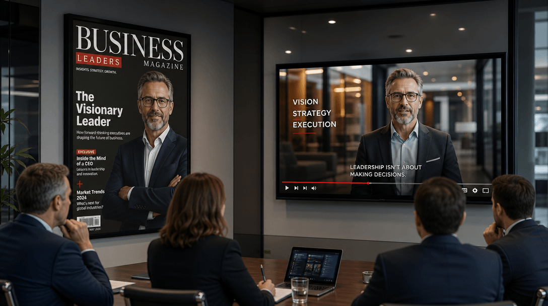 Professional magazine cover printed and displayed in corporate office, video playing on large screen in meeting room, ex
