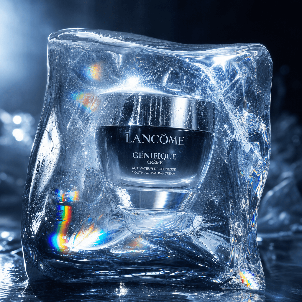 Cosmetic product encased in clear ice with dramatic side lighting. Crystalline ice formations, light creating rainbow re