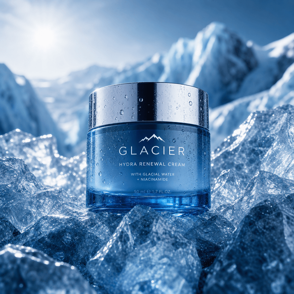 A beauty product artistically placed on a bed of ice, with dramatic lighting highlighting its features. The scene should