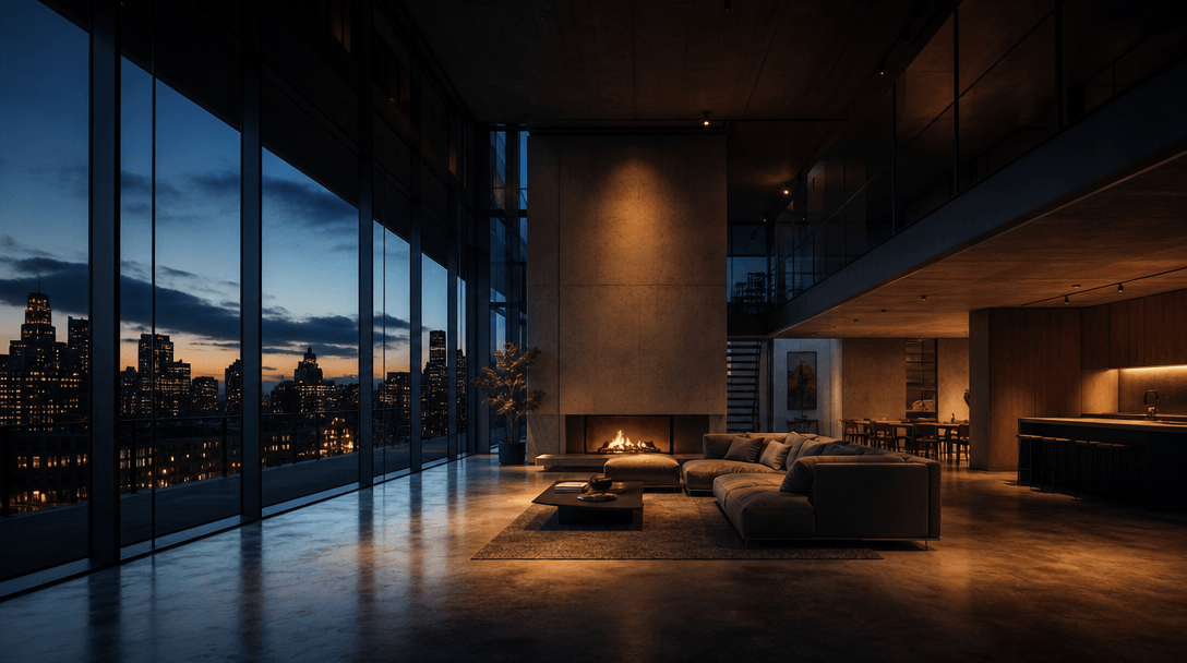 Atmospheric architectural interior at dusk: large living space with floor-to-ceiling glass on one side revealing a darke