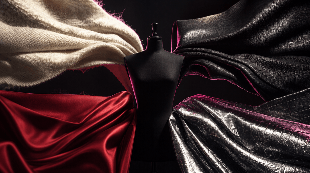 Four distinct fashion materials arranged as a cinematic concept study: cream wool, black leather, red silk, and metallic