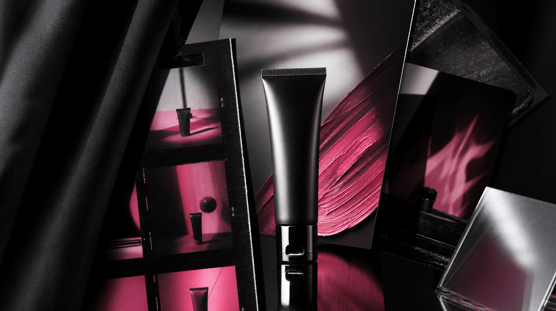An abstract balance between spontaneous UGC energy and refined commercial craft: a cosmetic tube under a sharp studio fl