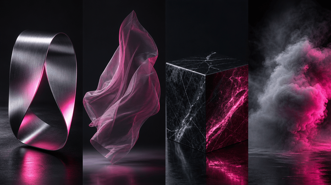 Four distinct material studies arranged in a unified dark studio scene: brushed metal, translucent fabric, polished ston