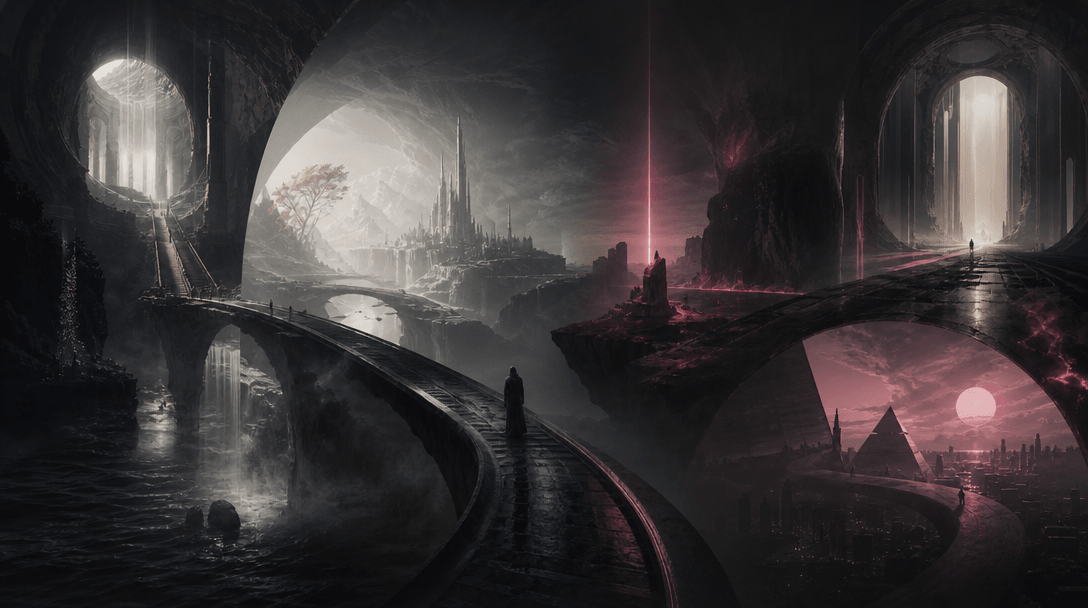 A surreal panoramic world branching into several related environments through light, fog, roads, and architectural forms