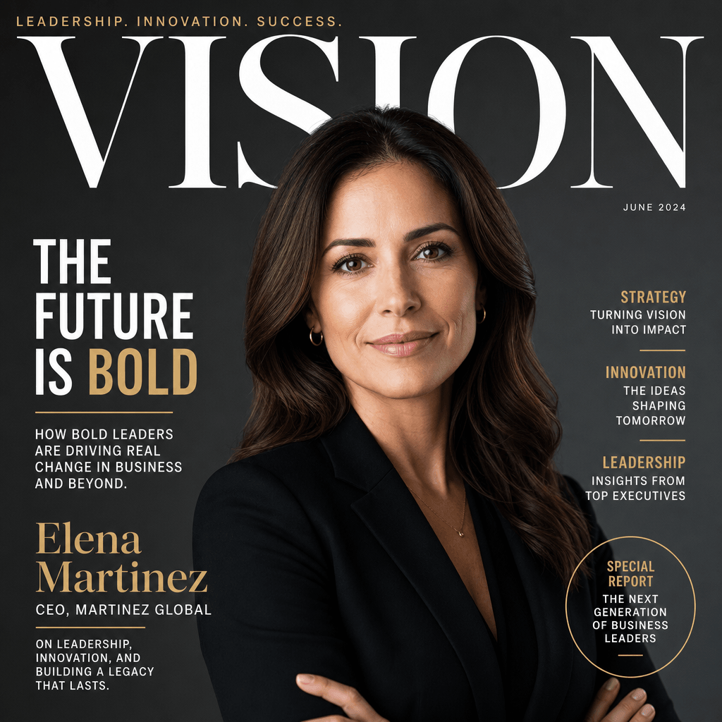 Magazine cover featuring a professional headshot, modern editorial design, sleek layout with bold typography, corporate 