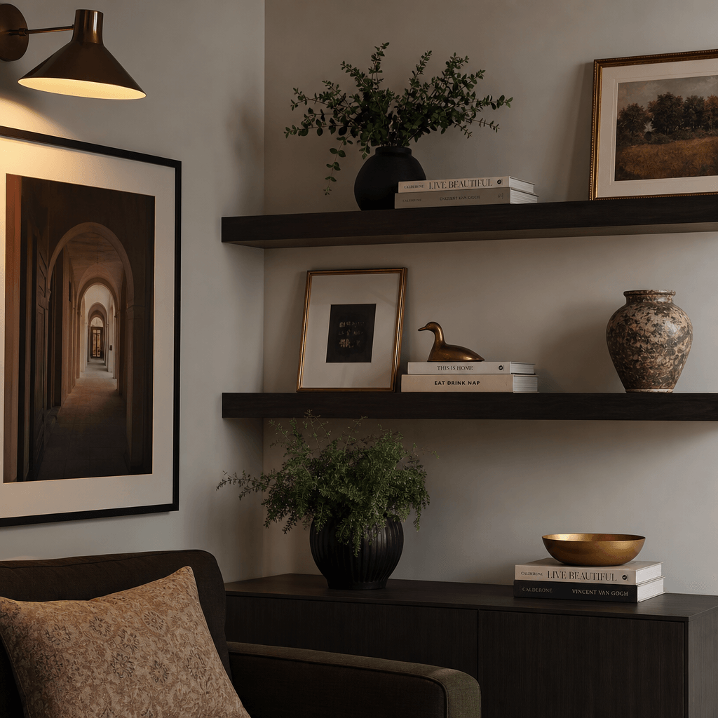 Styled corner of modern interior with floating shelves, framed artwork, and decorative objects, editorial lifestyle phot