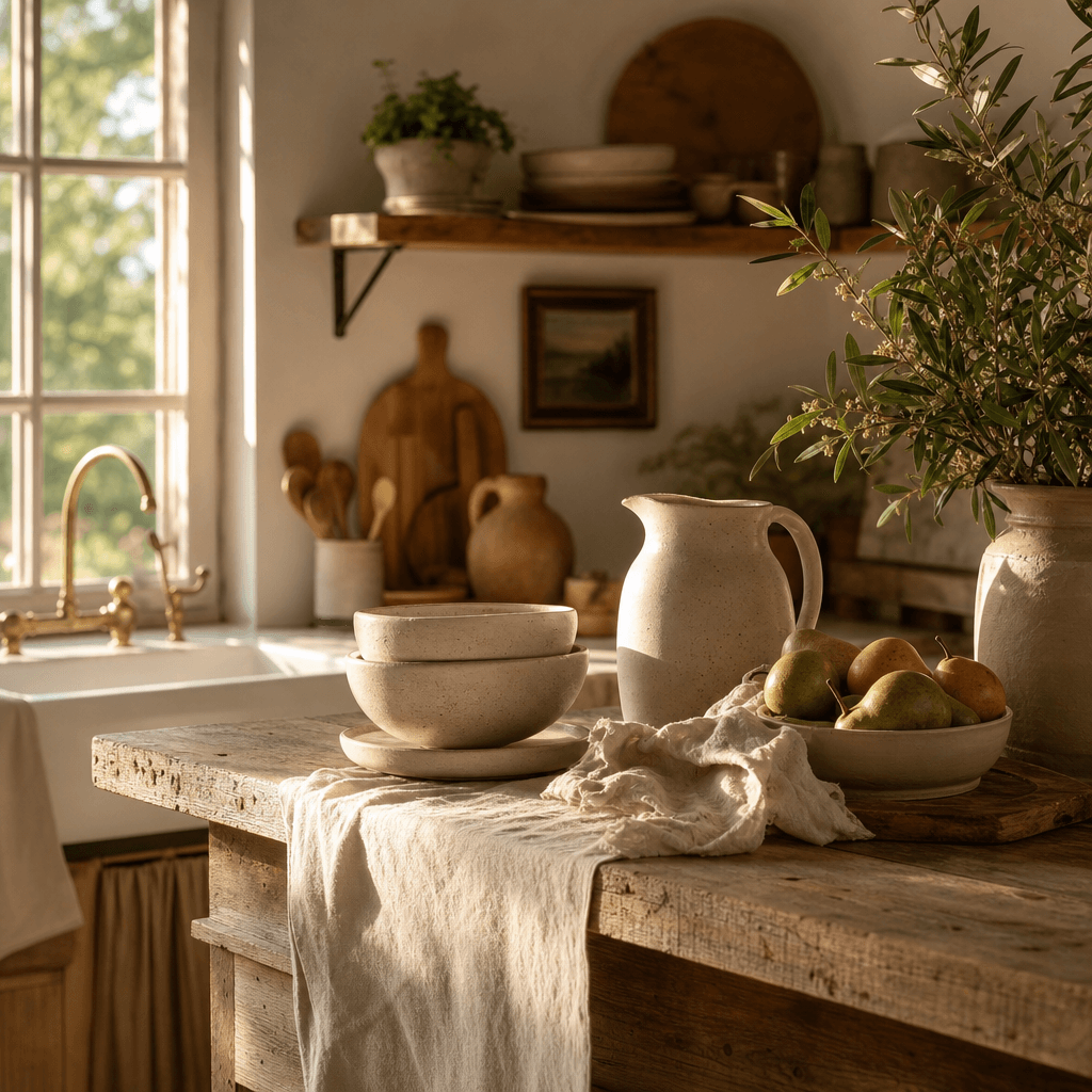 Rustic farmhouse kitchen counter with white linens and ceramic vessels. Warm golden hour light streaming through. Lifest