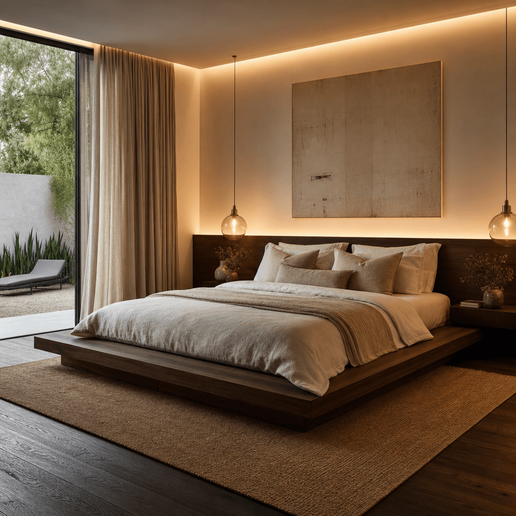 Photorealistic AI-rendered master bedroom, contemporary luxury style — king platform bed with layered linen and cotton b