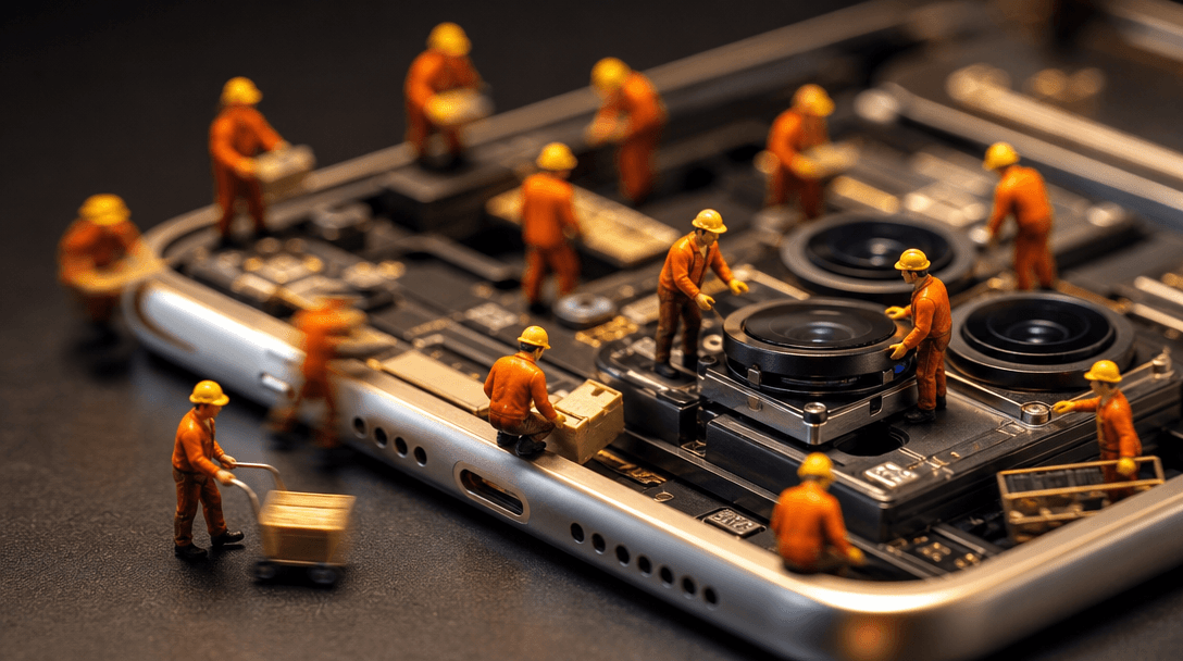 Macro close-up of tiny figures moving smoothly across product surface assembling components, intricate detail, warm stud