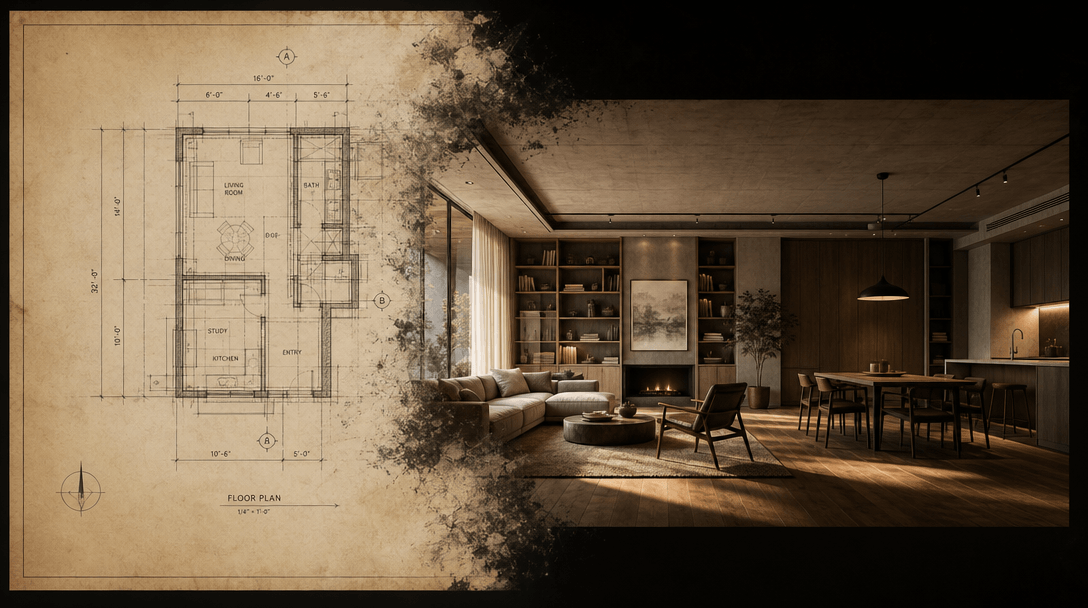 A flat 2D architectural floor plan drawn in precise thin lines on aged drafting paper, dissolving at one edge into a pho