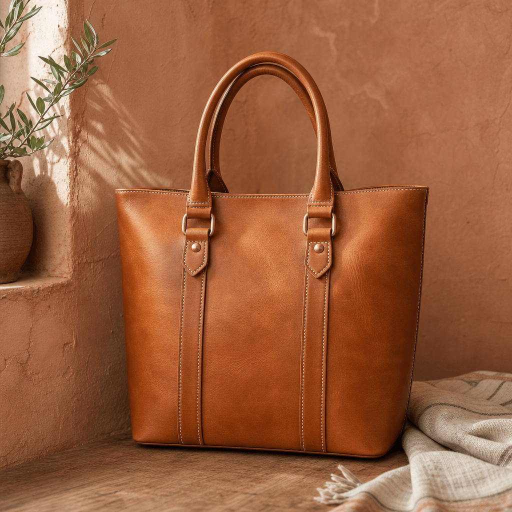 Square lifestyle product shot: a structured tan leather tote bag against a warm terracotta plaster wall. Natural diffuse