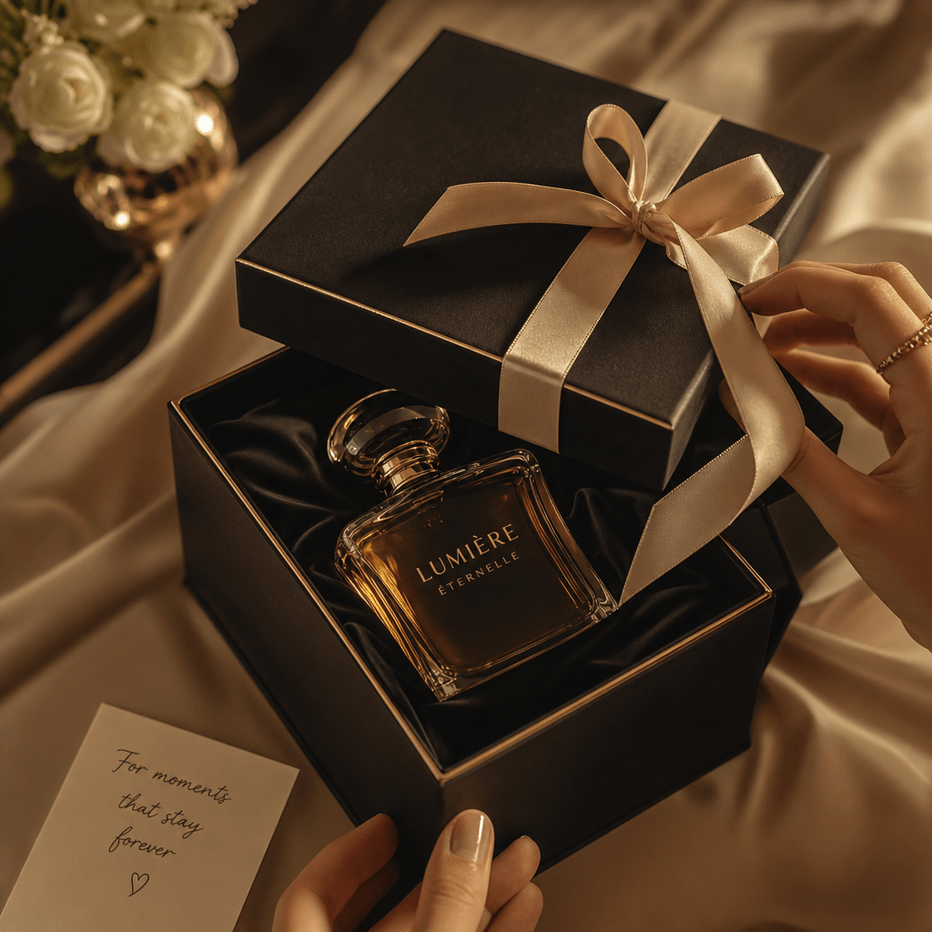 Elegant gift box with luxury item partially revealed, delicate silk ribbon, romantic unboxing moment, warm golden light,