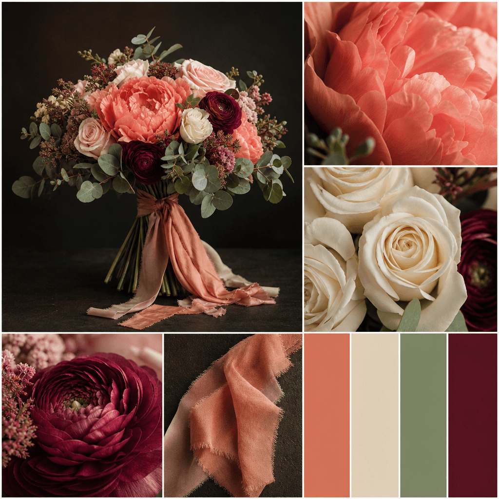 An elegant hand-tied bouquet presented in a square Pantone-style collage, combining a clean hero view, extreme close-ups