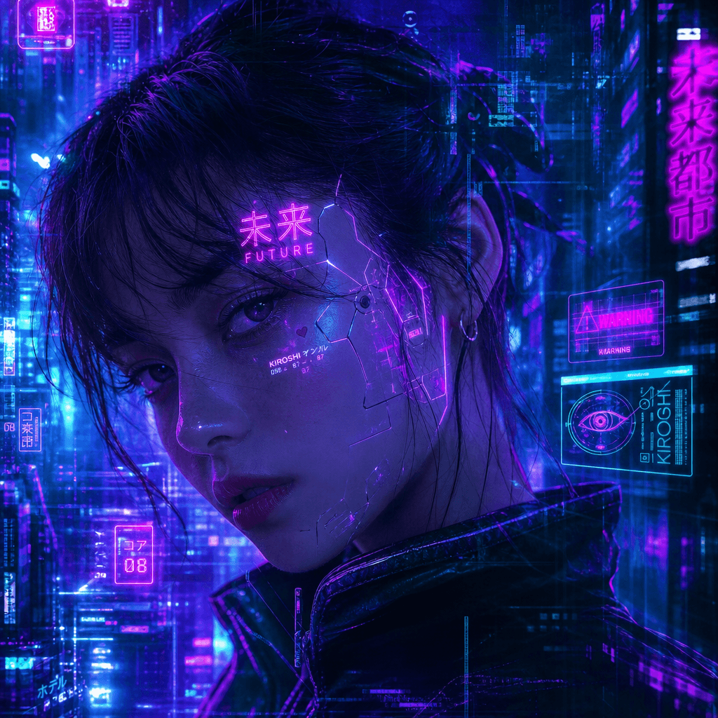 Cyberpunk portrait with electric purple and cyan neon glows, holographic elements creating luminous effects, digital dis