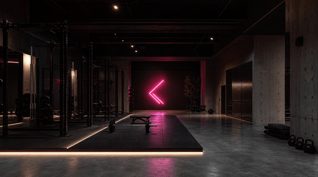 Dark editorial architectural interior of a minimalist premium gym — polished concrete floors, black rubber platform, hot