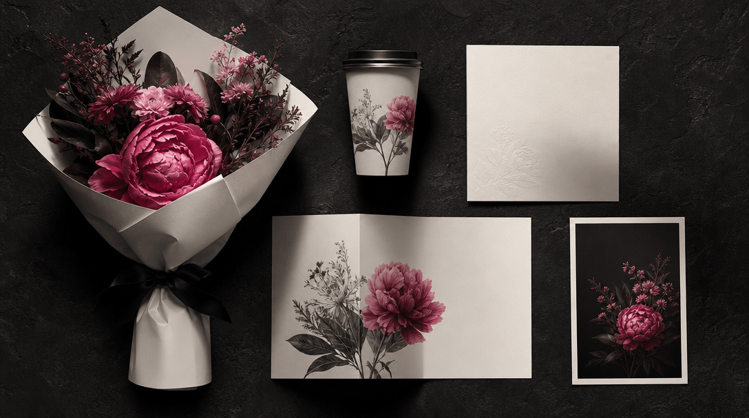 A single floral campaign concept expanding across physical formats: a bouquet, coffee cup, elegant blank paper card, fol