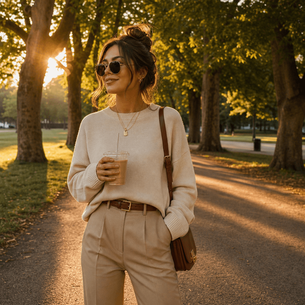 Stylish person wearing coordinated outfit in park setting. Golden hour light, trees in background. Casual-chic fashion a