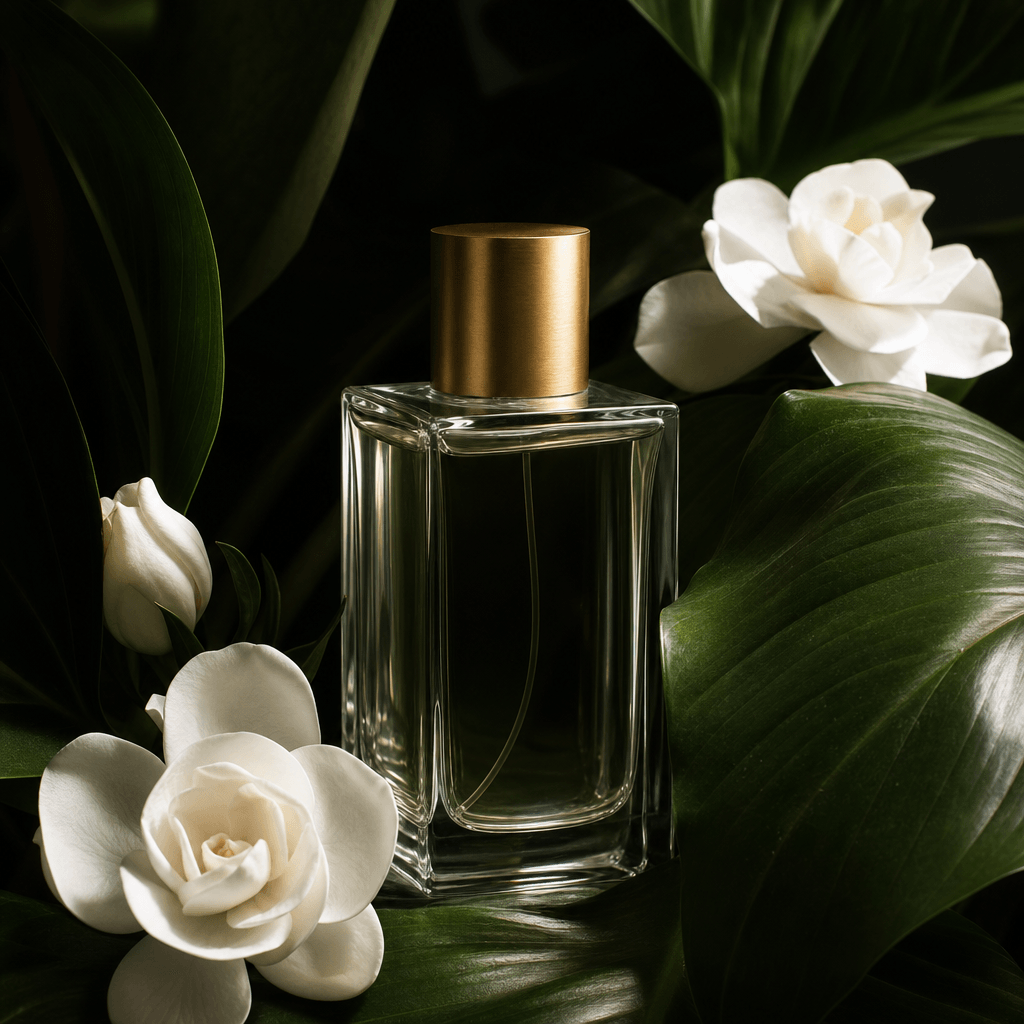 A minimalist glass perfume bottle with a brushed gold cap nestled among dark green tropical leaves and white gardenia fl