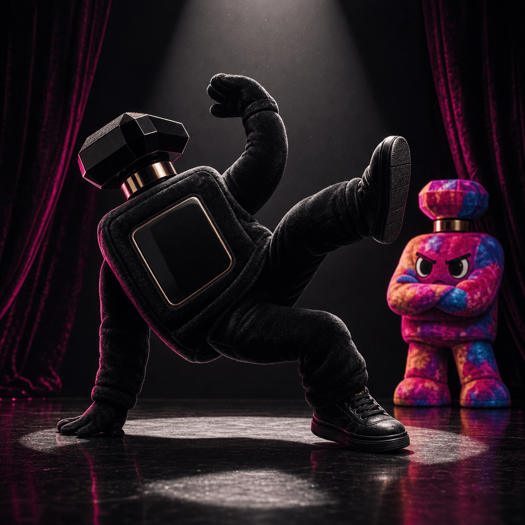A plush mascot based on a sleek black perfume bottle performs a sharp dance move under a narrow spotlight while a colorf