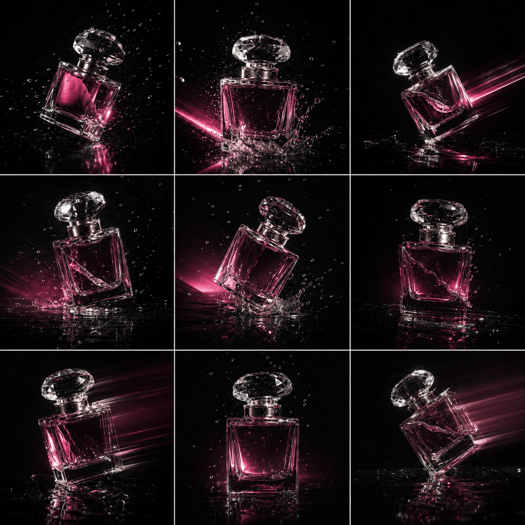 A fragrance bottle captured as a sequence of energetic photobooth moments, with layered shadows, tiny suspended droplets