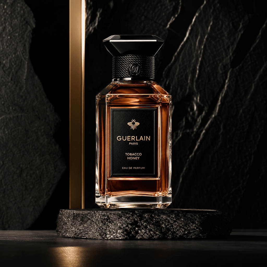 Fragrance bottle photographed with editorial styling. Dramatic dark background, luxury product lighting, shadow play emp