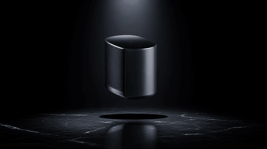 Sleek premium consumer product levitating above a dark reflective obsidian surface, studio spotlight from directly above