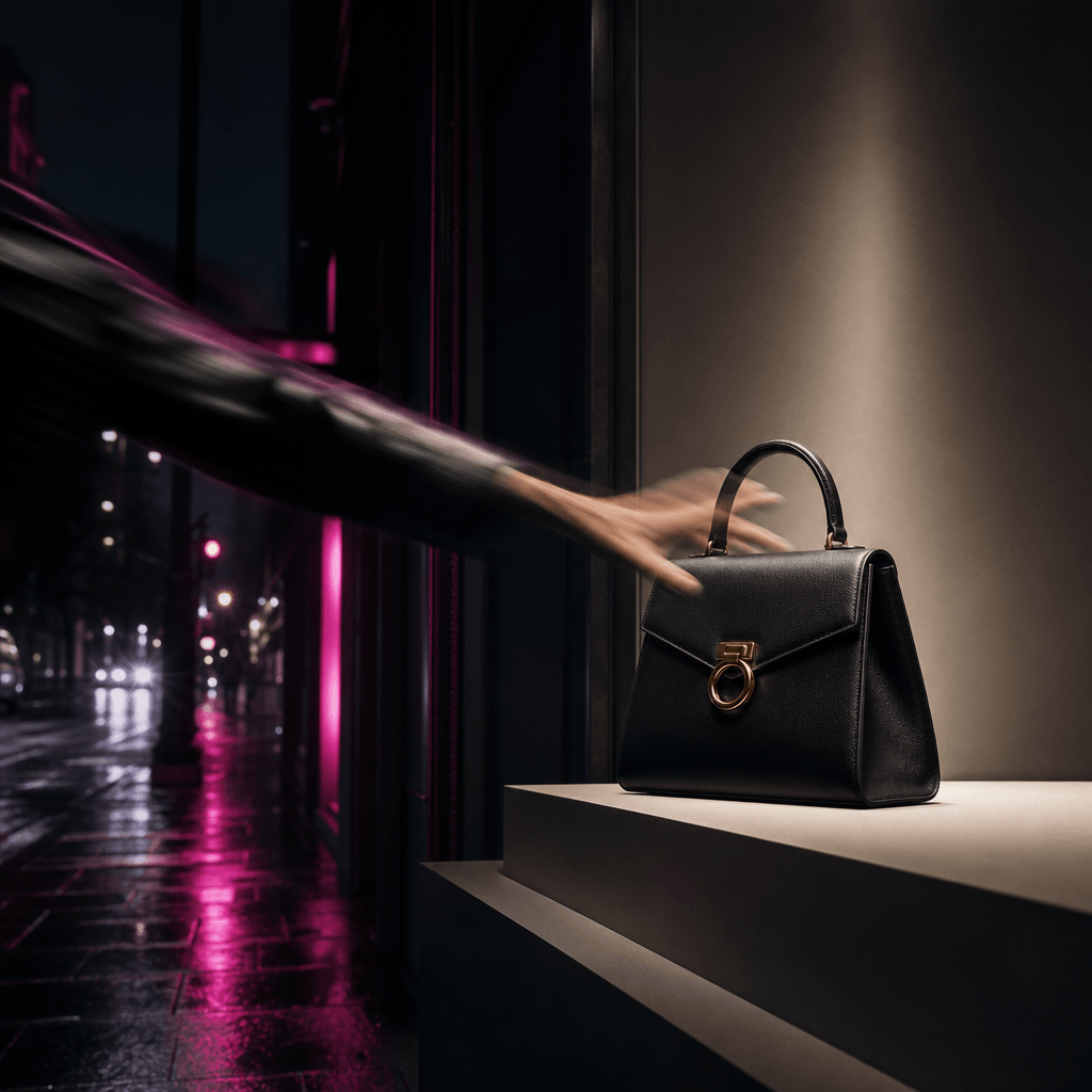 A luxury leather handbag being swiftly grabbed from a minimalist sidewalk display, the anonymous person's arm captured w
