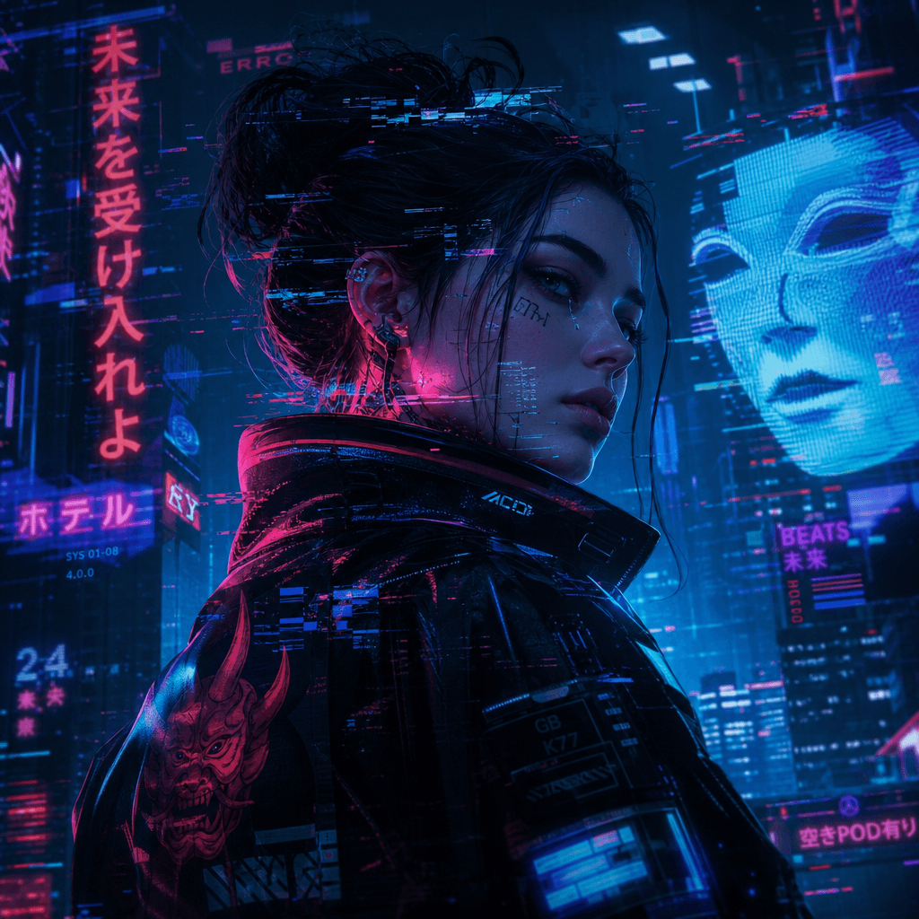 Figure immersed in cyberpunk aesthetic with neon highlights and digital glitch effects, futuristic color palette of elec