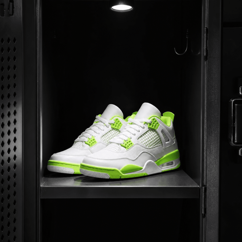 A pair of limited-edition white and volt-green sneakers placed inside a dark steel locker, single overhead spotlight cre