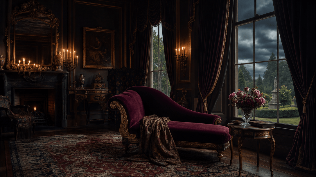 A lavish historical interior prepared for a portrait sitting, with a velvet chaise, heavy drapery, antique side table, f