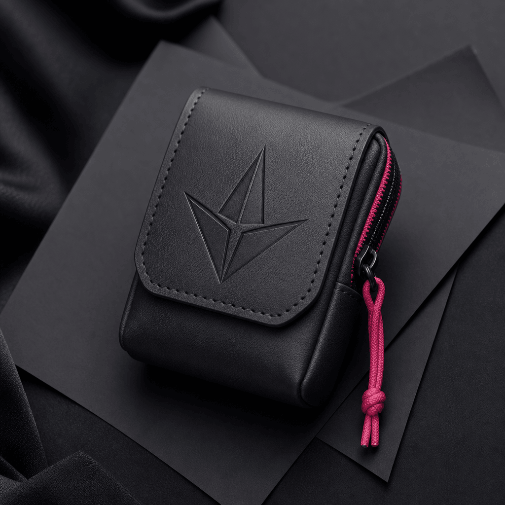A structured miniature pouch with an embossed geometric emblem, photographed against layered black paper and soft fabric