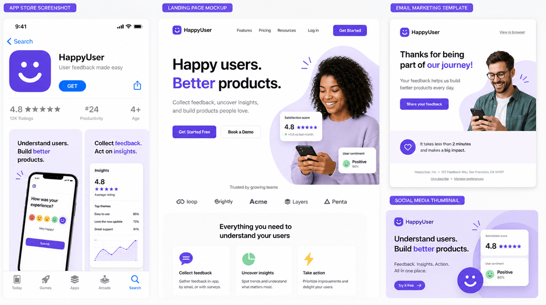 Happy user images displayed across multiple platforms: app store screenshot, landing page mockup, email marketing templa