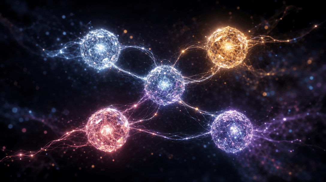 Abstract visualization of multiple AI model cores: five glowing crystalline spheres arranged in a loose constellation ab