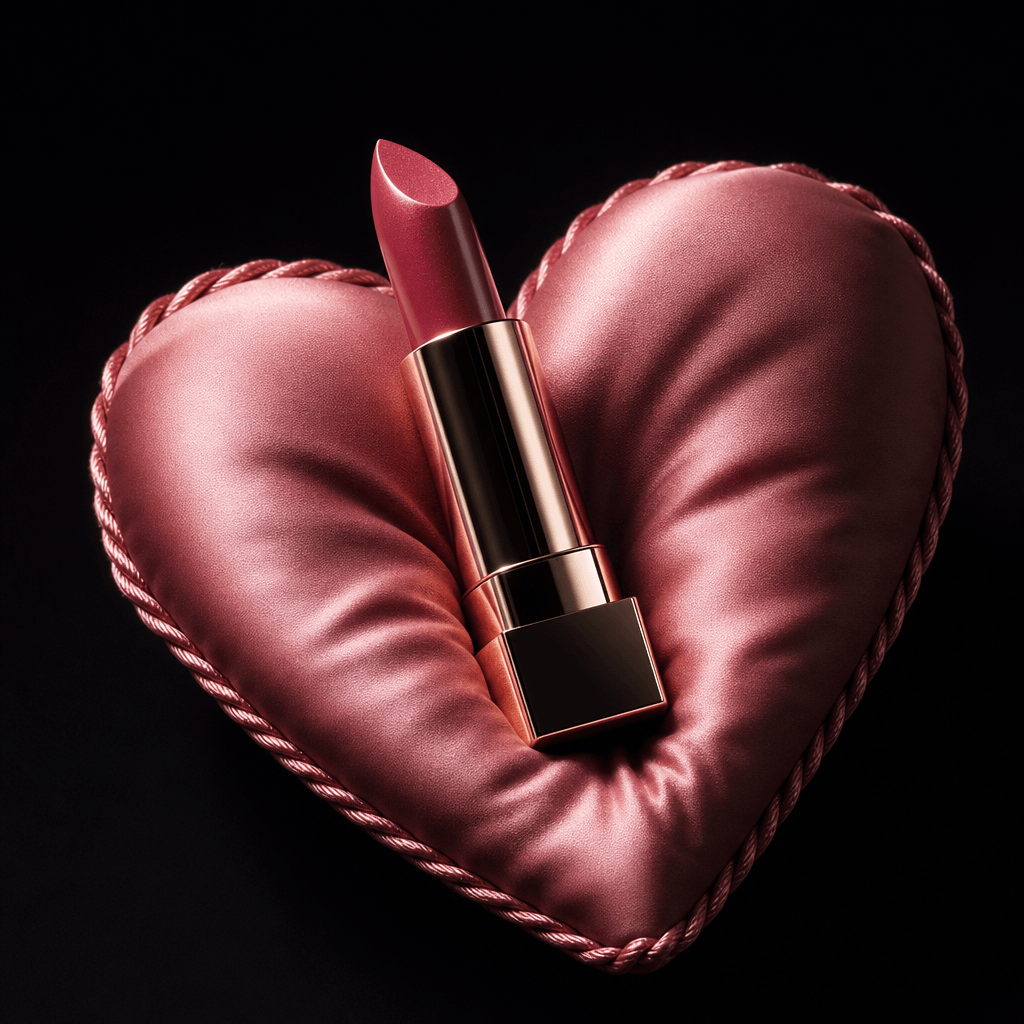 A polished lipstick tube nestled into a rose-pink heart-shaped silk pillow, dark editorial beauty campaign, cinematic si