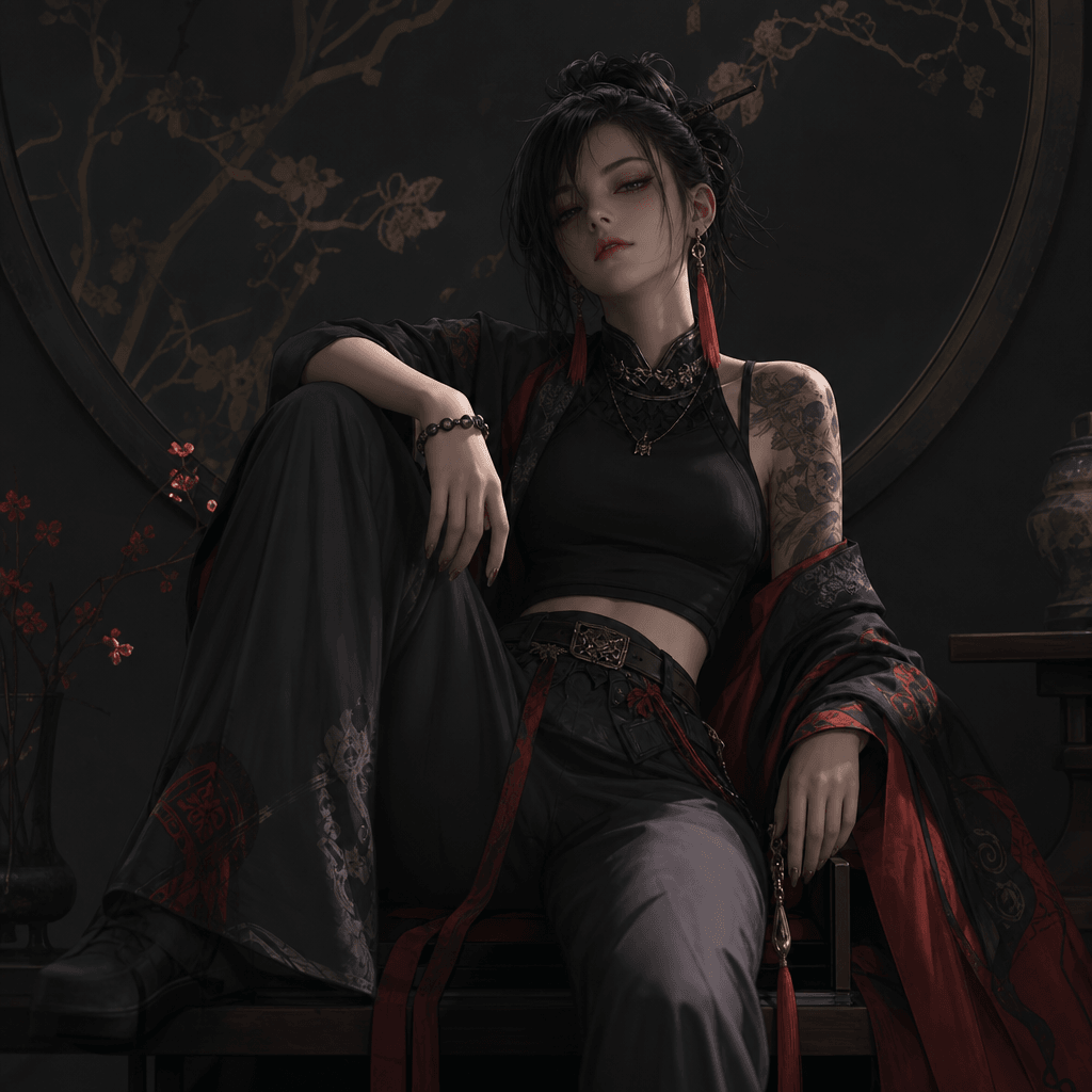 Stylized character in relaxed sitting pose, artistic composition with moody cinematic lighting, sophisticated dark backg