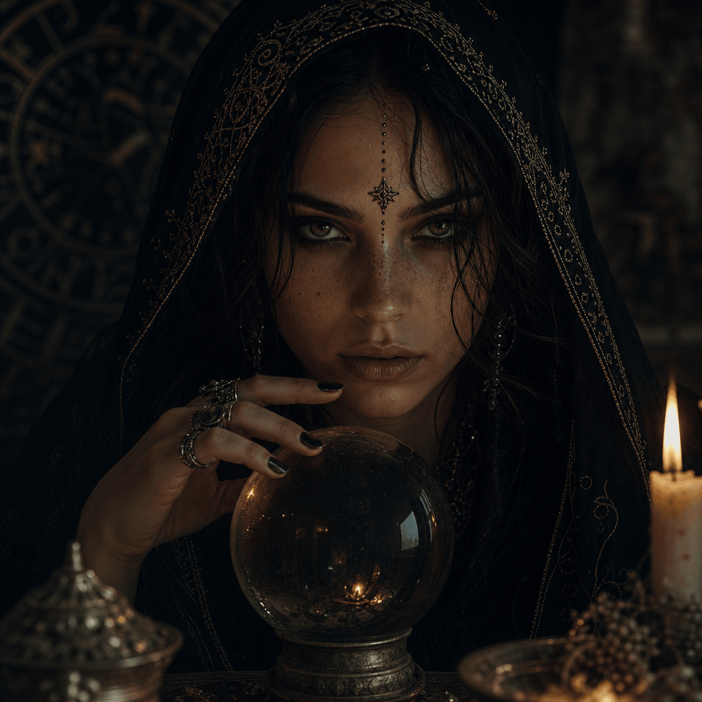 A captivating mystical portrait that uses dark editorial styling and dramatic lighting to create an intriguing visual ex
