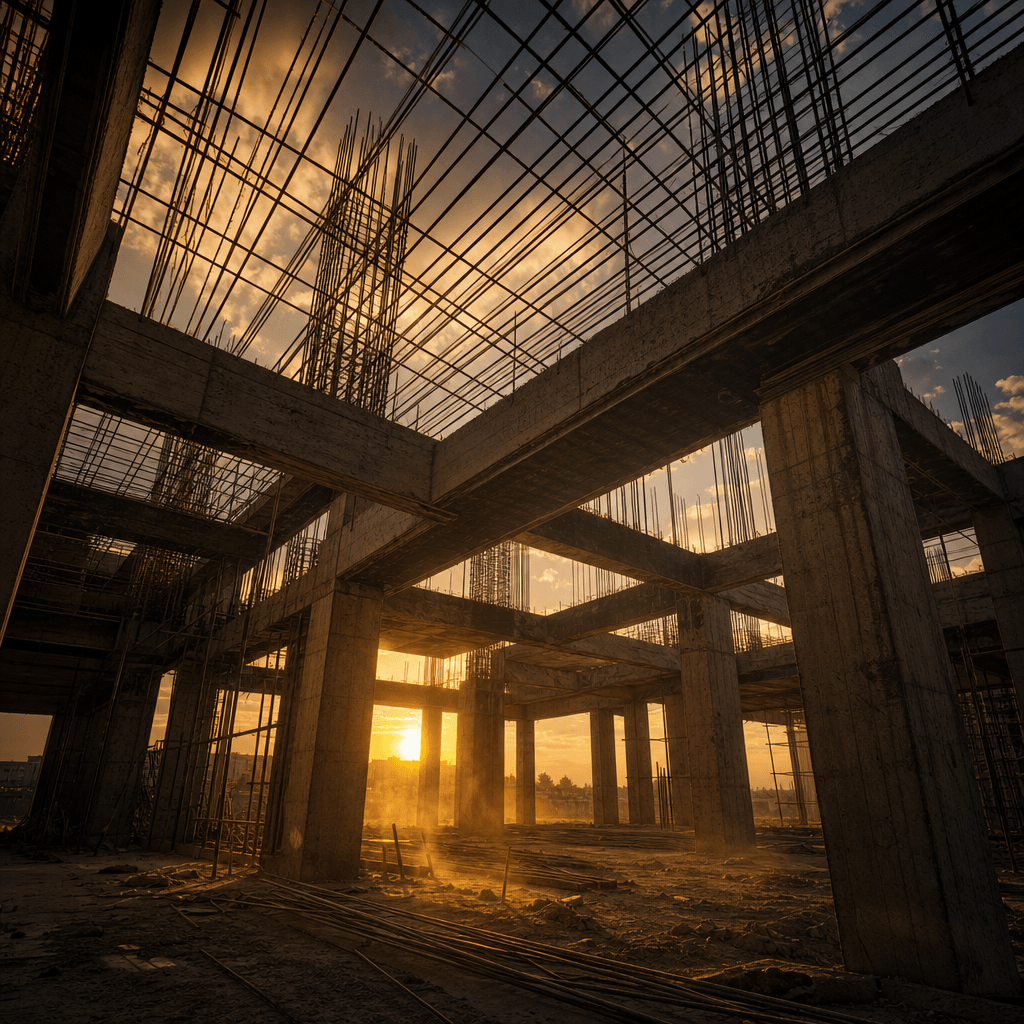 Square format ground-level view looking up through a residential concrete structural frame mid-construction, rebar latti