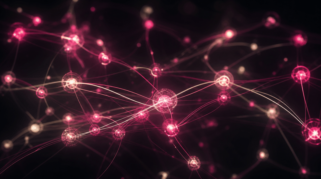 Abstract visualization of interconnected glowing nodes arranged in a floating three-dimensional network, deep near-black