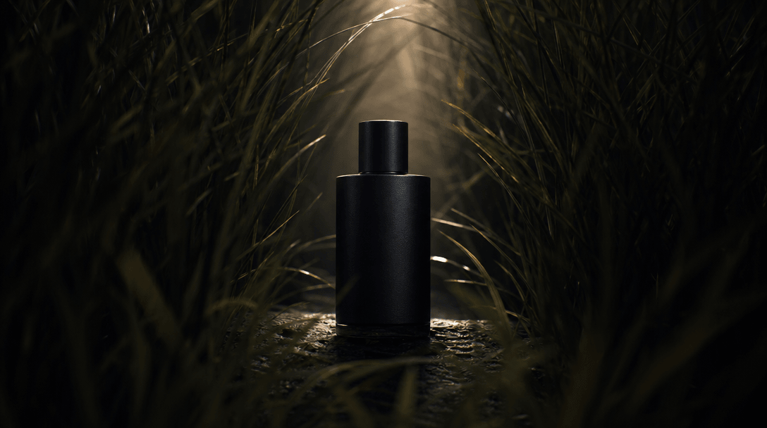 A single product silhouette illuminated through a narrow clearing in dense grass, foreground softly blurred and subject 