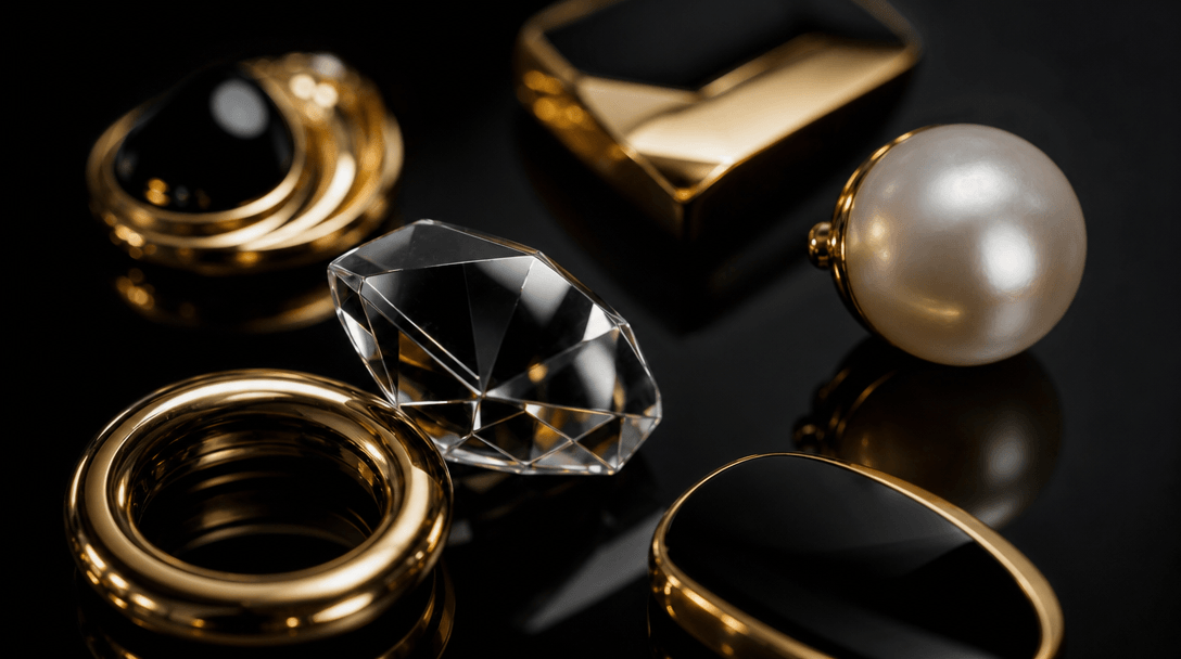 Macro study of polished gold, faceted crystal, pearl, and dark enamel arranged across a near-black studio table, precise
