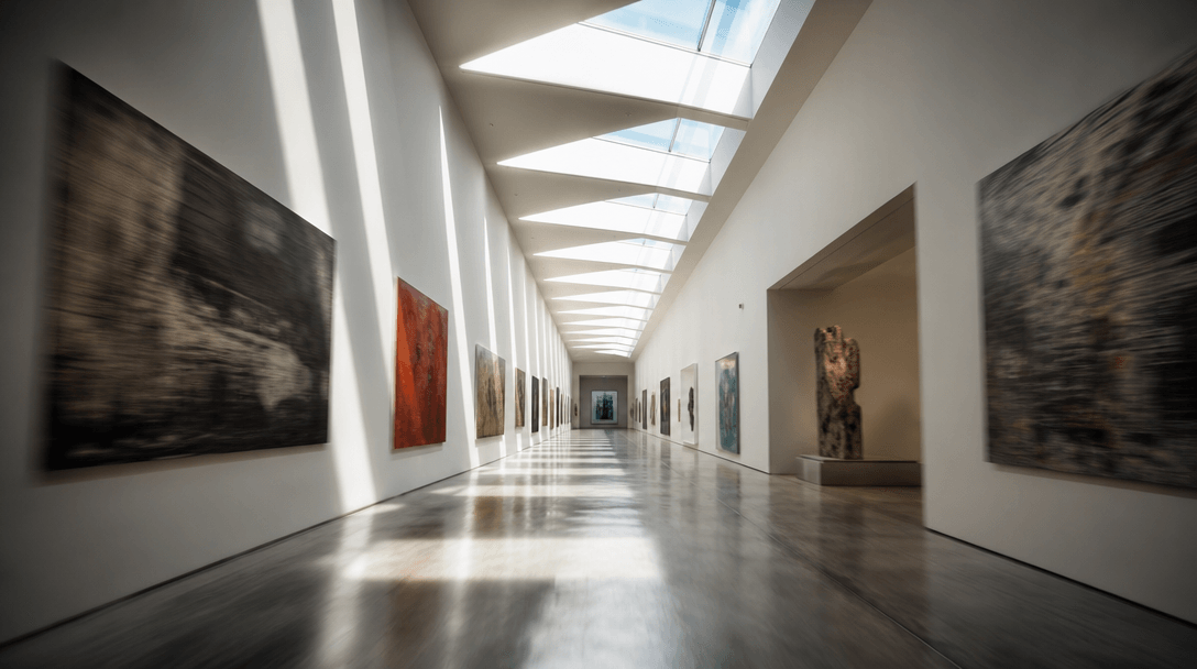 Cinematic 16:9 interior perspective of a long contemporary museum corridor. Polished concrete floor, full-height white w