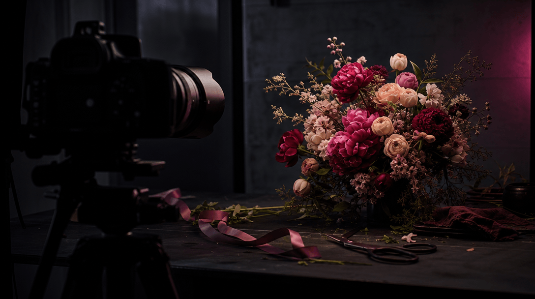 A professional camera lens in soft silhouette facing an illuminated bouquet across a dark florist worktable, with loose 