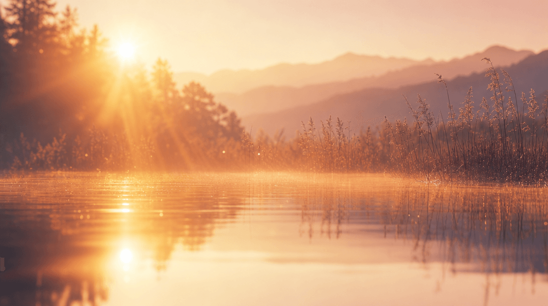 Abstract lakeside scene at golden hour — sun rays scattering across glassy water, soft bokeh of reeds and trees, warm go