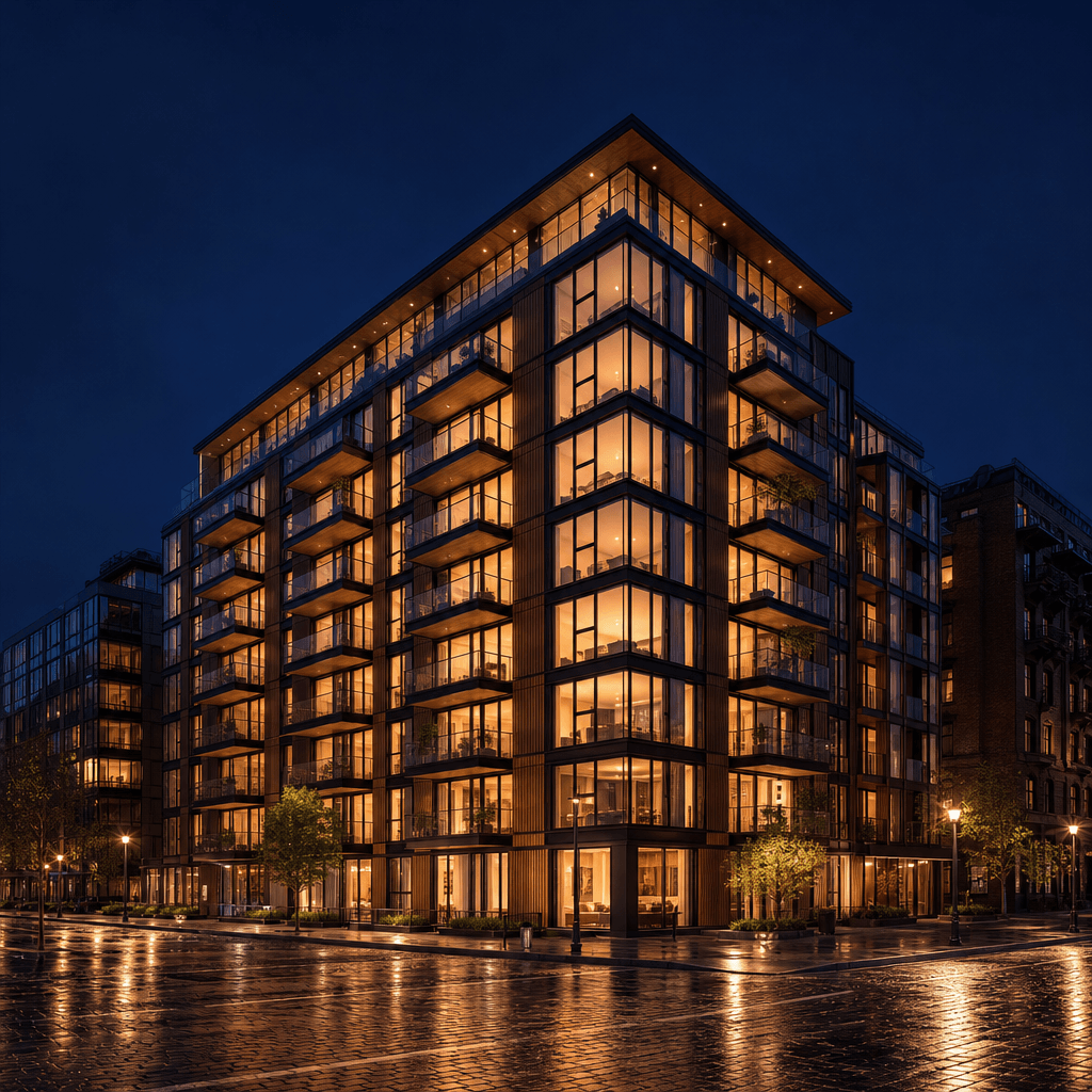 Contemporary urban apartment building at night, every floor lit warmly from within against a deep indigo sky, wet cobble