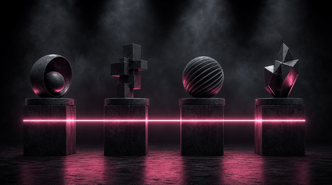 Four coordinated product pedestals connected by a continuous hot pink beam of light, each holding a different abstract c