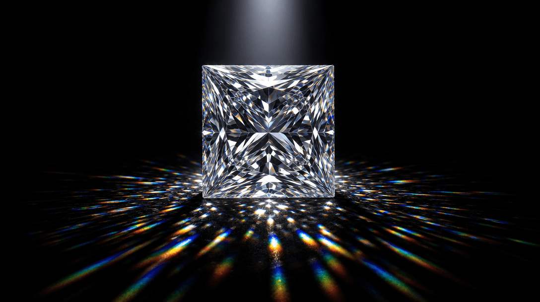 A single large princess-cut diamond sitting in absolute darkness on a black surface, a narrow beam of hard studio light 