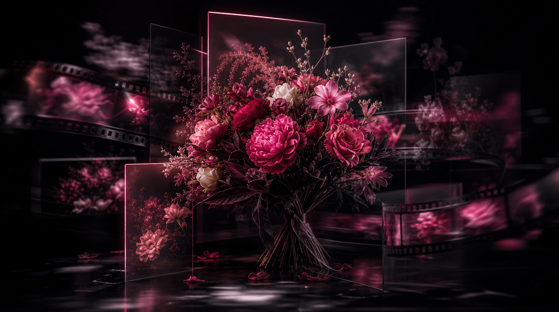 A bouquet surrounded by abstract frames of light, blurred floral silhouettes, and subtle strips of moving film, symboliz