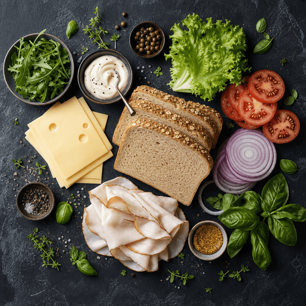 Overhead flat lay food styling composition. Artfully arranged fresh sandwich ingredients carefully positioned on dark sl